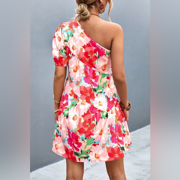 Floral One-Shoulder Puff Sleeve Dress - Picture 3 of 6